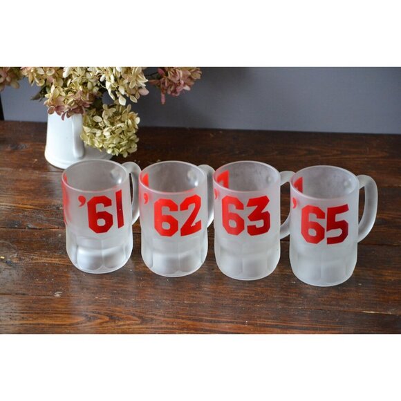 Four Hazel Atlas Frosted Glass Beer Mug red Collegiate Letterman Vintage barware - Picture 4 of 7